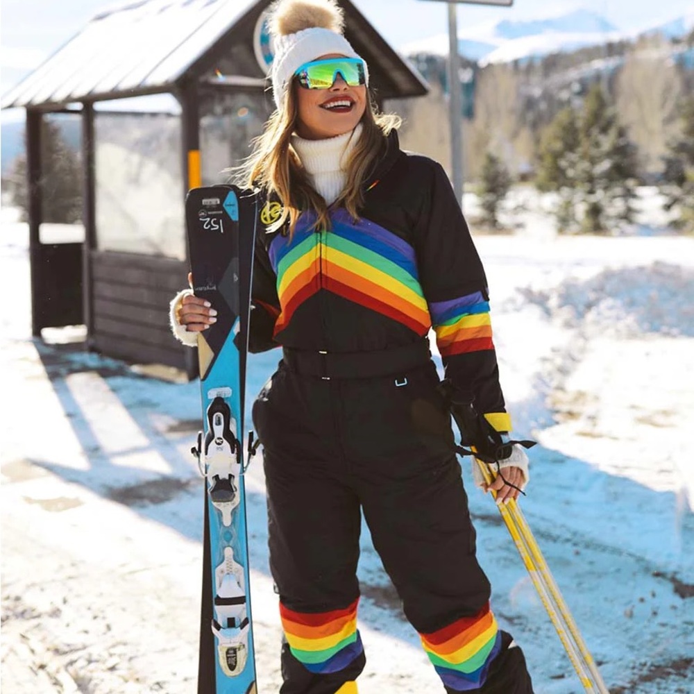 Tipsy Elves Women's Black Ski Jacket with Rainbow Stripes